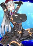  1girl arms_behind_head arms_up ass bangs black_bodysuit blush bodysuit breasts covered_navel ebido erect_nipples gloves hair_between_eyes hat highres huge_breasts long_hair looking_at_viewer ponytail red_eyes selvaria_bles senjou_no_valkyria senjou_no_valkyria_1 silver_hair simple_background skin_tight smile solo tan tanline 