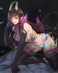  1girl :d ane_naru_mono black_hair bow_(bhp) breasts chiyo_(ane_naru_mono) cleavage eyebrows_visible_through_hair horns kneeling long_hair mole mole_under_eye navel open_mouth smile solo tail thigh-highs very_long_hair violet_eyes 