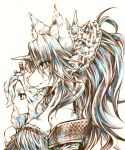  1girl absurdly_long_hair animal_ear_fluff animal_ears armor bare_shoulders big_hair breasts cleavage closed_mouth collarbone colored_eyelashes ears eyebrows eyelashes face full_body fur fur_collar fur_trim furry hair_ornament highres horn imu_(lom) legend_of_mana long_hair seiken_densetsu sierra simple_background solo tail thick_eyebrows very_long_hair white_background wolf_ears wolf_girl wolf_tail 