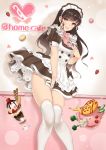  1girl bangs between_legs black_hair copyright_name dress eyebrows_visible_through_hair food fruit hand_between_legs hand_on_own_chest handesu ice_cream long_hair macaron maid maid_headdress name_tag parted_lips petticoat puffy_short_sleeves puffy_sleeves real_life short_dress short_sleeves skirt skirt_tug smile solo strawberry sundae thigh-highs waitress white_legwear yellow_eyes 