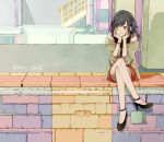  1girl bare_shoulders black_hair chisumi earrings high_heels jacket jewelry legs_crossed long_hair nail_polish off_shoulder original side_ponytail silhouette sitting skirt smile yellow_eyes yellow_nails 