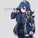  1girl blue_eyes blue_hair fingerless_gloves fire_emblem fire_emblem:_kakusei gloves grey_background gurepyon jacket long_hair lucina nintendo simple_background smile solo super_smash_bros. tiara 