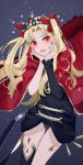  1girl asymmetrical_legwear asymmetrical_sleeves black_legwear black_leotard black_nails black_sleeves blonde_hair blush bow cape detached_sleeves diadem ereshkigal_(fate/grand_order) fate/grand_order fate_(series) fur_cape gina_61324 grey_background hair_bow leotard long_hair long_sleeves looking_at_viewer nail_polish open_mouth red_bow red_cape red_eyes single_sleeve single_thighhigh solo standing star starry_background thigh-highs twintails very_long_hair wavy_mouth 