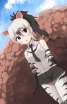  1girl aardwolf_(kemono_friends) aardwolf_ears aardwolf_print animal_ears animal_print arm_at_side arm_behind_back bangs bare_shoulders black_eyes black_hair black_neckwear black_shorts blush breast_pocket collared_shirt cowboy_shot cutoffs day dutch_angle elbow_gloves extra_ears eyebrows_visible_through_hair eyes_visible_through_hair gloves grey_hair gyahu hair_between_eyes high_ponytail highres kemono_friends legwear_under_shorts long_hair looking_at_viewer multicolored_hair necktie outdoors pantyhose parted_lips pocket ponytail print_gloves print_legwear print_shirt ringed_eyes shirt shorts sidelocks sleeveless sleeveless_shirt solo standing two-tone_hair wing_collar 