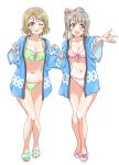  2girls :d ;d bikini bow breasts brown_eyes brown_hair cleavage collarbone full_body green_bikini hair_bow haori japanese_clothes koizumi_hanayo long_hair looking_at_viewer love_live! love_live!_school_idol_project medium_breasts minami_kotori multiple_girls navel one_eye_closed open_mouth outstretched_arm pink_bikini pink_bow short_hair side_ponytail silver_hair simple_background smile standing swimsuit tetopetesone thigh_strap violet_eyes white_background 