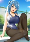  1girl abukobato black_legwear blue_eyes blue_hair blue_sky blue_swimsuit blurry breasts bush chain-link_fence cleavage clouds competition_swimsuit day depth_of_field double_bun feet_out_of_frame fence full_body highres kantai_collection large_breasts lens_flare long_hair looking_at_viewer medium_hair one-piece_swimsuit open_mouth outdoors pantyhose sitting sky smile solo swimsuit thighband_pantyhose urakaze_(kantai_collection) 