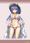  1girl bangs bare_arms bare_shoulders bikini black_headwear blue_bikini blue_hair blush breasts cleavage closed_mouth collarbone eyebrows_visible_through_hair fii_fii_(feefeeowo) food fruit hat_ornament hinanawi_tenshi holding leaf long_hair looking_at_viewer navel peach red_eyes ribbon side-tie_bikini signature small_breasts smile solo stomach strapless strapless_bikini swimsuit thighs touhou white_ribbon 