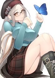  1girl aran_sweater azur_lane belt black-framed_eyewear boots breasts brown_skirt bug butterfly chichikoucha cross-laced_footwear cup eyebrows_visible_through_hair glasses grey_hair hair_ornament hat highres holding holding_cup insect large_breasts long_hair long_sleeves looking_at_viewer miniskirt mug orange_eyes panties pantyshot pantyshot_(sitting) plaid plaid_skirt semi-rimless_eyewear shangri-la_(azur_lane) shawl sitting skirt smile snowflake_hair_ornament solo sweater turtleneck turtleneck_sweater under-rim_eyewear underwear white_background white_panties 