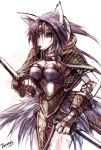  1girl absurdly_long_hair animal_ear_fluff animal_ears armor ayatosan big_hair boots breasts cleavage closed_mouth collarbone colored_eyelashes ears eyebrows eyelashes face fur fur_collar fur_trim furry gloves graphite_(medium) holding holding_knife holster knife long_hair looking_at_viewer purple_hair sheath sheathed shoulder_armor sierra simple_background solo tail traditional_media very_long_hair violet_eyes weapon white_background wolf_ears wolf_girl wolf_tail 