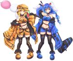  2girls absurdres akiteru98 alternate_costume alternate_hairstyle animal_ears arm_up armband bandeau bangs bare_shoulders belt black_belt black_collar black_gloves black_legwear blonde_hair blue_coat blue_footwear blue_hair blue_shorts boots breasts cleavage coat collar commentary_request crescent_print criss-cross_halter dango eyebrows_visible_through_hair facial_mark flat_cap food full_body gloves hair_between_eyes halterneck hand_up hat highres holding holding_food holding_mallet kine long_hair long_sleeves looking_at_viewer low-tied_long_hair mallet medium_breasts midriff mouth_hold multiple_girls navel off_shoulder open_clothes open_coat orange_coat orange_footwear orange_headwear orange_shorts parted_lips rabbit_ears red_eyes ringo_(touhou) seiran_(touhou) short_hair short_shorts shorts sidelocks simple_background skindentation smile standing star star_print stomach thigh-highs thigh_strap thighs touhou wagashi white_background wide_sleeves 