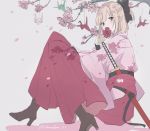  1girl ahoge bangs black_bow blonde_hair blurry boots bow brown_eyes brown_footwear cherry_blossoms commentary_request covered_mouth dress fate/grand_order fate_(series) flower hakama high_heel_boots high_heels highres holding holding_flower japanese_clothes katana kimono looking_at_viewer obi okita_souji_(fate) okita_souji_(fate)_(all) origami paper_crane petals pink_kimono red_hakama sash sheath sheathed short_hair simple_background sitting solo sword twitter_username weapon white_background yurumawari 