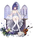  1girl bangs bare_arms bare_shoulders blush bouquet breasts bridal_veil bustier candle candlestand choker cleavage earrings eyebrows_visible_through_hair flower frills full_body gluteal_fold hair_between_eyes hair_flower hair_ornament holding houchi_shoujo instrument jewelry kyundoo leaf looking_at_viewer medium_breasts multicolored_hair parted_lips petals pink_hair purple_flower purple_hair see-through short_hair sitting solo strapless thigh-highs thigh_gap two-tone_hair underwear underwear_only veil viola_(instrument) waist_cape white_choker white_legwear window 