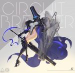  1girl artist_name bodysuit breasts cloak from_below highres large_breasts looking_at_viewer love_cacao mecha_musume mechanical_arm mechanical_legs original prosthesis shield solo sword thighs weapon 