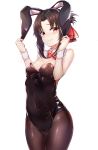  1girl absurdres animal_ears bangs black_hair black_legwear black_leotard blush breasts cleavage detached_collar embarrassed eyebrows_visible_through_hair fake_animal_ears folded_ponytail groin hair_ribbon highres holding_ears kaguya-sama_wa_kokurasetai_~tensai-tachi_no_renai_zunousen~ leotard looking_at_viewer pantyhose parted_bangs playboy_bunny_leotard rabbit_ears red_eyes red_ribbon ribbon shinomiya_kaguya sidelocks simple_background small_breasts solo sunhyun white_background wrist_cuffs 