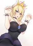  1girl bangs bare_shoulders black_collar black_dress blonde_hair blue_earrings blue_eyes blush bowsette bracelet breasts chichikoucha claw_pose cleavage collar covered_navel crown dress erect_nipples frown gem gradient gradient_background highres horns jewelry large_breasts long_hair looking_at_viewer super_mario_bros. new_super_mario_bros._u_deluxe nintendo pointy_ears solo spiked_bracelet spikes strapless strapless_dress super_crown 