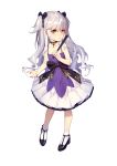  1girl absurdres child choker commentary_request daye_bie_qia_lian dress fan full_body grey_hair hair_ribbon highres holding holding_fan layered_dress looking_at_viewer ribbon romantic_saga_of_beauty_&amp;_devil skirt socks solo transparent_background yellow_eyes 