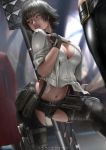  1girl banned_artist belt black_gloves black_hair black_legwear blurry blurry_background breasts chaps cleavage dante_(devil_may_cry) devil_may_cry devil_may_cry_5 fingerless_gloves gloves heterochromia jacket kalina_ann_(weapon) lady_(devil_may_cry) looking_to_the_side midriff navel parted_lips red_jacket rocket_launcher short_hair short_shorts shorts solo_focus stomach suspenders weapon zumi_(zumidraws) 