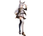  1girl alpha_transparency animal_ears bangs belt black_jacket black_legwear blazer blue_eyes blunt_bangs blush breasts brown_footwear dress erune full_body granblue_fantasy jacket korwa long_hair long_sleeves looking_at_viewer medium_breasts minaba_hideo mismatched_legwear official_art parted_lips quill school_uniform silver_hair smile solo standing thigh-highs transparent_background white_dress white_legwear zettai_ryouiki 