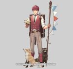  1boy bag belt bird boots cuboon fire_emblem fire_emblem_echoes:_mou_hitori_no_eiyuuou fire_emblem_heroes food fox full_body grey_background lukas_(fire_emblem) male_focus necktie nintendo official_art raccoon red_eyes redhead sandwich solo vest 