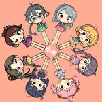  6+girls ahoge akebono_(kantai_collection) amagiri_(kantai_collection) asymmetrical_bangs ayanami_(kantai_collection) bandaid bandaid_on_face bangs bell bikini black_hair blue_swimsuit blush_stickers brown_eyes brown_hair candy_apple chibi circle flower food fujinozu glasses green_bikini grey-framed_eyewear grey_hair grey_kimono hair_bell hair_between_eyes hair_bobbles hair_flower hair_ornament hairband highres innertube japanese_clothes jingle_bell kantai_collection kimono long_hair looking_at_viewer multiple_girls oboro_(kantai_collection) one-piece_swimsuit one_eye_closed pink_background pink_bikini pink_eyes pink_hair polka_dot polka_dot_swimsuit ponytail print_kimono purple_hair purple_hairband sagiri_(kantai_collection) sazanami_(kantai_collection) shikinami_(kantai_collection) short_hair side_ponytail silver_hair swept_bangs swimsuit tongue tongue_out twintails ushio_(kantai_collection) very_long_hair violet_eyes yukata 