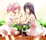  2girls akemi_homura bare_shoulders black_hair bow brick_wall chin_rest dress grin hair_bow hairband interlocked_fingers kaname_madoka long_hair mahou_shoujo_madoka_magica multiple_girls nightlight0909 pink_eyes pink_hair plant short_twintails sleeveless sleeveless_dress smile twintails violet_eyes white_bow white_dress white_hairband 