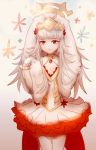  1girl animal_ears cleavage_cutout closed_mouth dress fake_animal_ears feh_xeri fire_emblem fire_emblem_heroes flat_chest flower gloves grey_hair hair_flower hair_ornament highres long_hair nintendo rabbit_ears red_eyes short_dress simple_background solo veronica_(fire_emblem) white_gloves white_legwear 