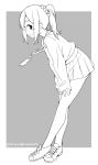  1girl :d bangs blush full_body grey_background greyscale hair_between_eyes hair_ornament hair_scrunchie hatsunatsu lanyard leaning_forward long_hair long_sleeves monochrome open_mouth original pleated_skirt ponytail profile scrunchie shirt shoes skirt sleeves_past_wrists smile sneakers solo standing two-tone_background white_background 