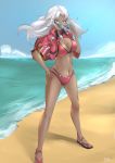  1girl beach bikini blue_eyes breasts dark_skin deekei elma_(xenoblade_x) full_body hair_ornament highres jacket long_hair looking_at_viewer navel nintendo sky solo swimsuit white_hair xenoblade_(series) xenoblade_chronicles_x 