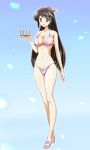  1girl :d alternate_costume bikini black_eyes black_hair blue_background breasts cleavage commentary_request cup full_body gradient gradient_background highres holding holding_tray kinfuji long_hair looking_at_viewer midriff navel open_mouth original pink_bikini pink_footwear ponytail sandals simple_background smile solo swimsuit touge_chayako tray yunomi 