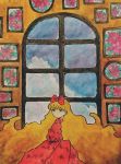  1girl bangs blonde_hair blue_eyes blue_sky bow clouds cloudy_sky dress expressionless eyebrows_visible_through_hair flower frame hair_bow highres long_hair long_sleeves no_nose original pink_flower red_bow sakura_szm sky solo traditional_media upper_body very_long_hair wall watercolor_(medium) window 