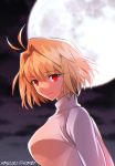  1girl arcueid_brunestud blonde_hair blurry blurry_background breasts eyebrows_visible_through_hair from_side full_moon large_breasts looking_at_viewer meiji_ken moon night outdoors red_eyes short_hair smile solo sweater tsukihime turtleneck turtleneck_sweater upper_body white_sweater 