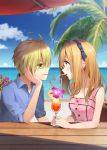  1boy 1girl ahoge beach blonde_hair blue_eyes blue_shirt blue_sky blurry blurry_background blush brown_hair clouds collared_shirt commentary_request couple creatures_(company) cup drink drinking drinking_glass drinking_straw earrings eye_contact flower game_freak gladio_(pokemon) green_eyes hairband hand_on_own_cheek hetero highres horizon jewelry long_hair looking_at_another mizuki_(pokemon) nintendo ocean open_collar palm_tree pink_flower pink_tank_top pokemon pokemon_(game) pokemon_sm profile rupinesu shirt signature sky sleeveless table tank_top tree wing_collar 