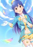  1girl :d blue_hair blue_sky blush brown_eyes clouds detached_collar dutch_angle feathers gloves hat highres idolmaster idolmaster_(classic) kisaragi_chihaya lens_flare long_hair long_sleeves midriff navel open_mouth short_shorts shorts sky smile solo standing stomach tktk135 very_long_hair white_gloves yellow_shorts 