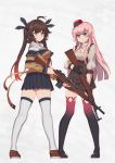  2girls antenna_hair bangs battle_rifle beret black_gloves black_ribbon blue_eyes breasts brown_hair cleavage full_body girls_frontline gloves gun hair_ribbon hat highres holding holding_gun holding_weapon long_hair looking_at_viewer looking_back m14 m14_(girls_frontline) medium_breasts multiple_girls persocon93 pink_hair pleated_skirt ribbon rifle simonov_(girls_frontline) skirt sks thigh-highs twintails weapon white_legwear yellow_eyes 