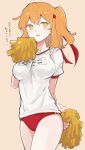  1girl akizuki_maku beige_background blush breasts collarbone commentary_request eyebrows_visible_through_hair fate/grand_order fate_(series) fujimaru_ritsuka_(female) hair_between_eyes hair_ornament hair_ribbon holding large_breasts orange_eyes orange_hair pom_poms red_ribbon red_shorts ribbon shirt short_shorts short_sleeves shorts simple_background solo sportswear translated white_shirt 