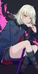  1girl black_background black_coat black_dress black_footwear boots coat dress eyebrows_visible_through_hair fate/grand_order fate_(series) fur-trimmed_coat fur-trimmed_sleeves fur_trim gina_61324 grin hand_on_hilt invisible_chair jeanne_d&#039;arc_(alter)_(fate) jeanne_d&#039;arc_(fate)_(all) knee_boots long_sleeves looking_at_viewer open_clothes open_coat parted_lips short_dress short_hair silver_hair sitting smile solo sword weapon yellow_eyes 