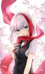  1girl :d admiral_graf_spee_(azur_lane) azur_lane bangs black_cat blue_eyes blurry blurry_background breasts cardigan cardigan_vest cat cherry_blossoms commentary_request depth_of_field dress_shirt eyebrows_visible_through_hair flower hair_between_eyes hand_up head_tilt highres looking_at_viewer multicolored_hair open_mouth oshishio petals pink_flower red_scarf redhead scarf shirt short_sleeves silver_hair small_breasts smile solo streaked_hair tree_branch upper_body white_shirt 