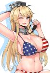  abs american_flag_bikini bikini blonde_hair blue_eyes breasts cleavage collar erufu_kan flag_print hand_behind_head iowa_(kantai_collection) kantai_collection large_breasts long_hair metal_collar one_eye_closed removing_eyewear star star-shaped_pupils sunglasses swimsuit symbol-shaped_pupils 