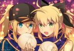  2girls :d ahoge artoria_pendragon_(all) baseball_cap black_bow black_eyes black_headwear blonde_hair blue_jacket blue_scarf bow eyebrows_visible_through_hair fate/grand_order fate_(series) food green_eyes hair_between_eyes hair_bow hat high_ponytail holding holding_food jacket long_hair looking_at_viewer meiji_ken multiple_girls mysterious_heroine_x open_mouth portrait saber_lily scarf shared_scarf sleeveless smile twitter_username 