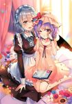  2girls :d ;o apron bangs barefoot bat_wings bed_sheet black_dress black_ribbon blue_eyes blue_flower blue_nails blue_neckwear blue_ribbon blue_rose blush book bow braid breasts commentary_request curtains dress eyebrows_visible_through_hair flower frilled_apron frilled_pillow frills hair_between_eyes hand_on_another&#039;s_head hand_up hat hat_flower hat_ribbon highres holding holding_book indoors izayoi_sakuya juliet_sleeves kirero lavender_hair long_sleeves looking_at_another maid maid_apron maid_headdress medium_breasts mob_cap multiple_girls nail_polish neck_ribbon one_eye_closed open_mouth orange_flower parted_lips petals petticoat pillow pink_dress pink_headwear puffy_sleeves purple_flower purple_rose red_bow red_eyes red_flower red_ribbon red_rose remilia_scarlet ribbon rose see-through short_hair short_sleeves silver_hair sitting small_breasts smile sunflower thigh_ribbon thighs touhou twin_braids waist_apron wariza white_apron white_flower wings 
