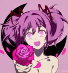  1girl :d breasts brown_ribbon cleavage collarbone crescent_moon eyebrows_visible_through_hair flower hair_between_eyes hair_ribbon holding holding_flower kaname_madoka long_hair looking_at_viewer mahou_shoujo_madoka_magica moon nightlight0909 nude open_mouth pink_eyes pink_flower pink_rose portrait purple_background purple_flower purple_hair purple_rose ribbon rose simple_background small_breasts smile solo twintails twitter_username 