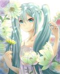  1girl 23-0 blue_eyes blue_hair blue_nails eyebrows_visible_through_hair floating_hair flower hair_between_eyes hatsune_miku holding holding_flower long_hair looking_at_viewer nail_polish see-through shirt solo standing twintails upper_body very_long_hair vocaloid white_flower white_shirt yellow_flower 