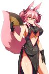  1girl afuro animal_ear_fluff animal_ears bare_shoulders black_gloves breasts china_dress chinese_clothes collarbone dress eyebrows_visible_through_hair fang fate/grand_order fate_(series) fox_ears fox_girl fox_tail glasses gloves hair_ornament hair_ribbon koyanskaya large_breasts looking_at_viewer open_mouth pink_hair ribbon simple_background smile solo tail tamamo_(fate)_(all) under_boob white_background yellow_eyes 