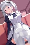  1girl apron bangs blue_dress blurry blush closed_mouth commentary_request couch depth_of_field dress eyebrows_visible_through_hair frills hair_ornament huyumitsu indoors long_sleeves maid maid_apron maid_dress maid_headdress on_couch original short_hair silver_hair sitting smile solo thigh-highs thighs twintails violet_eyes white_apron white_legwear window 