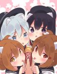  4girls akatsuki_(kantai_collection) animal_ears black_headwear black_sailor_collar blue_eyes brown_eyes brown_hair cat_ears commentary_request eyebrows_visible_through_hair flat_cap food hair_between_eyes hair_ornament hairclip hat heart heart-shaped_pupils hibiki_(kantai_collection) highres ikazuchi_(kantai_collection) inazuma_(kantai_collection) kantai_collection long_hair long_sleeves multiple_girls neckerchief purple_hair red_neckwear sailor_collar school_uniform serafuku short_hair silver_hair suzuki_toto symbol-shaped_pupils tongue tongue_out violet_eyes 