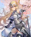  1girl absurdres armor banner blonde_hair blue_eyes blue_sky breasts bridal_gauntlets chains cherry_blossoms commentary_request earrings elbow_gloves fate/grand_order fate_(series) flag gauntlets gloves headpiece highres holding jeanne_d&#039;arc jeanne_d&#039;arc_(fate) jeanne_d&#039;arc_(fate)_(all) jewelry large_breasts lips long_hair outdoors pauldrons sakupannda06o sheath sky smile solo thigh-highs weapon 