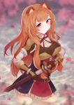  1girl aftergardens animal_ears armband blurry breastplate breasts cherry_blossoms depth_of_field expressionless eyebrows_visible_through_hair gauntlets hand_on_hilt head_tilt highres holding holding_sword holding_weapon large_breasts long_hair looking_at_viewer neck_ribbon orange_hair petals petals_on_liquid petticoat pink_eyes raccoon_ears raphtalia red_neckwear ribbon scabbard sheath shirt shoulder_armor sidelocks solo spaulders standing sword tate_no_yuusha_no_nariagari two-tone_dress unsheathing very_long_hair wading water weapon white_shirt 