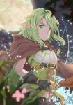  1girl amco belt black_belt black_bow black_gloves blurry_foreground bow bow_(weapon) breasts brown_cape cape commentary_request elf gloves goblin_slayer! green_eyes green_hair green_shirt hair_between_eyes hair_bow hair_ornament high_elf_archer_(goblin_slayer!) highres hood looking_at_viewer moon night outdoors pointy_ears shirt shorts sidelocks small_breasts solo weapon 