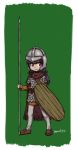  1girl black_hair cape full_body helmet holding holding_shield holding_spear holding_weapon muutya original polearm scale_armor shield signature simple_background solo spear twintails violet_eyes weapon 