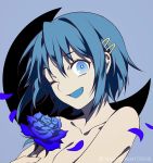  1girl :d blue blue_background blue_flower blue_hair blue_rose crescent flower hair_ornament hairclip holding holding_flower looking_at_viewer mahou_shoujo_madoka_magica miki_sayaka nightlight0909 one_eye_closed open_mouth petals rose short_hair smile solo twitter_username 
